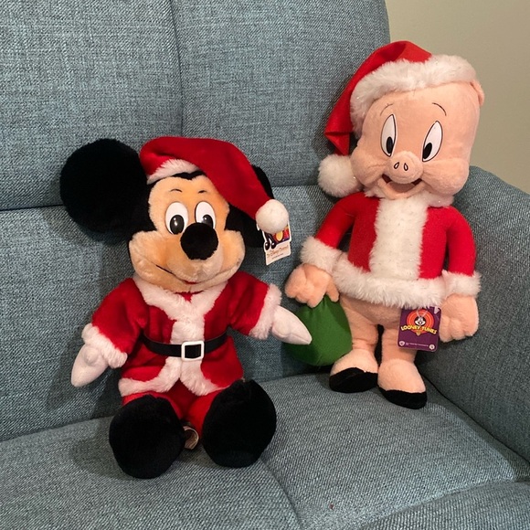 Disney Other - Vintage Disney Mickey Mouse and Looney Tunes Porky Pig Santas Stuffed Animals